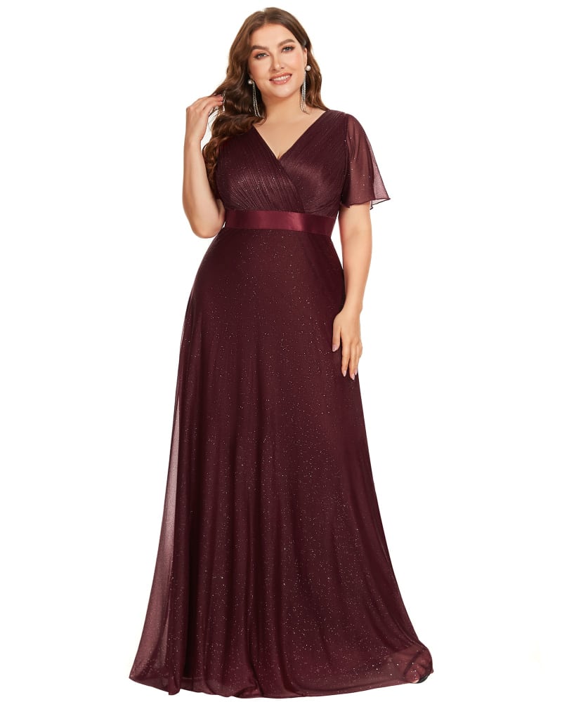 Front of a model wearing a size 26 Short Sleeve V-Neck Ribbon Waist A-Line Evening Dress in Burgundy by Ever-Pretty. | dia_product_style_image_id:283662